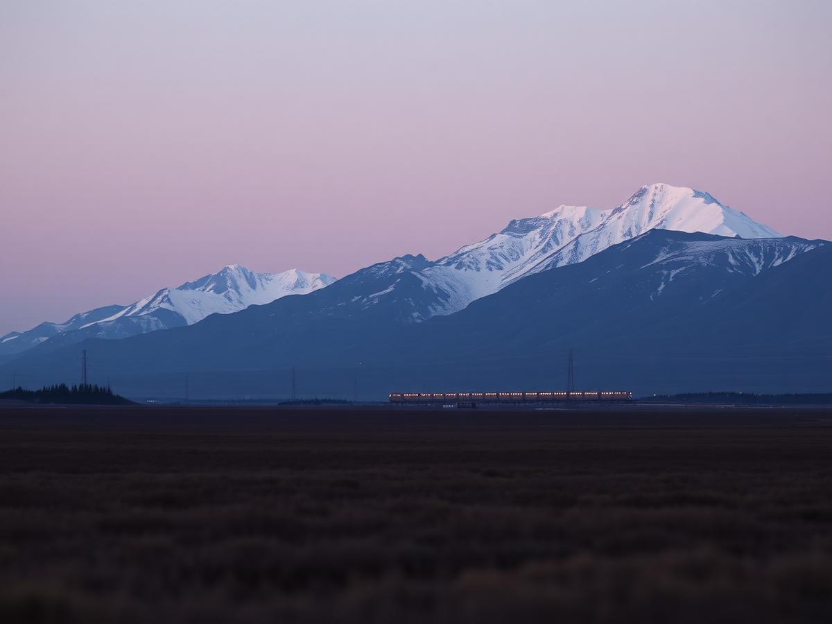 Denali mountain range at dawn with the Alaska Railroad in the distance