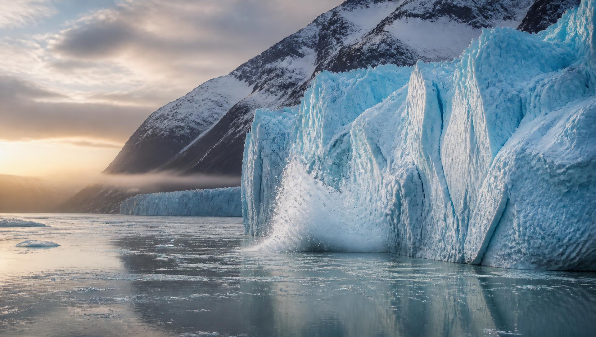 Blue tidewater glacier calving into an Alaskan fjord at dawn
