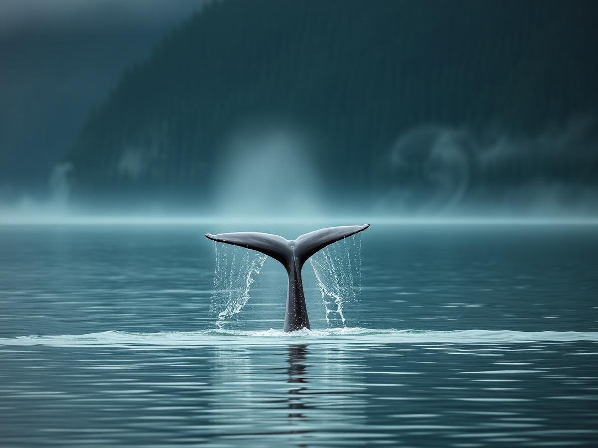 Humpback whale fluke in calm Alaskan coastal water